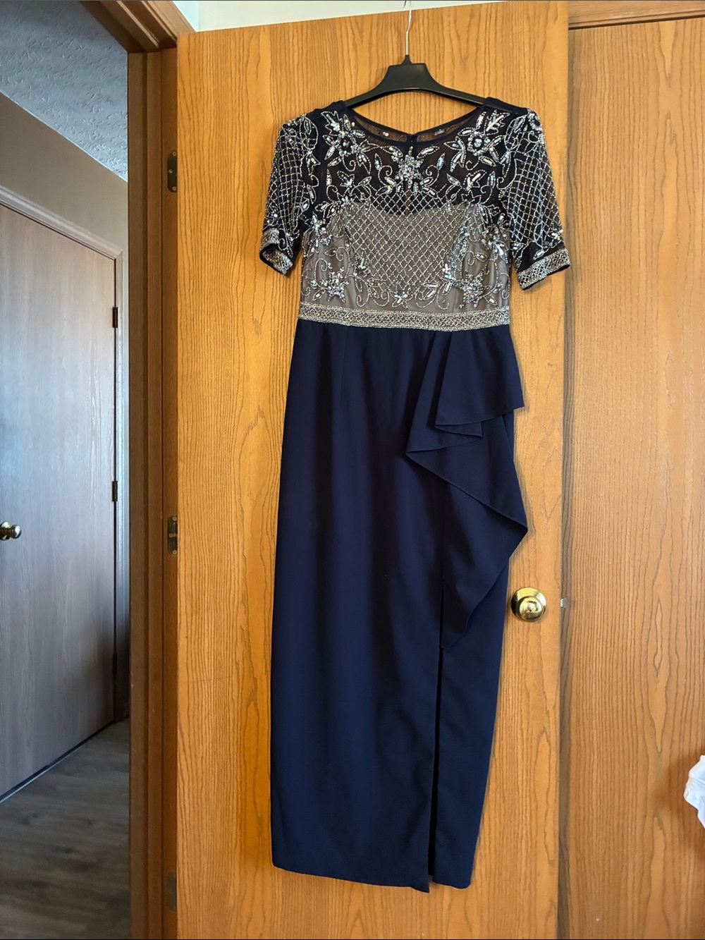 Adrianna Papell Navy and Silver Beaded Long Sleeve Gown